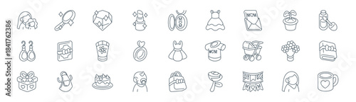 linear mothers day icon pack. vector thin line icons collection such as woman, hand mirror, diamond, plant, ring, book, shopping bag, mug