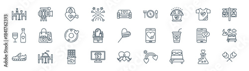 linear wedding icon pack. vector thin line icons collection such as flask, video camera, love key, shirt, makeup, night, love birds, rose