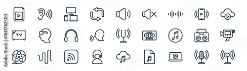 linear audio video icon pack. vector thin line icons collection such as podcast, listening, device, streaming, voice, camcoder, music cloud, broadcast