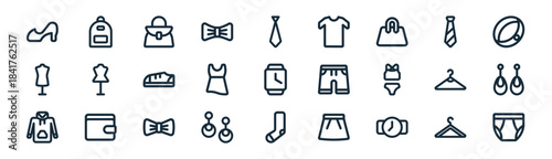 linear fashion icon pack. vector thin line icons collection such as hanger, backpack, hand bag, tie, dress, earring, sock, underpants