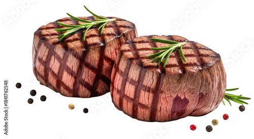 Two grilled steak fillets with rosemary and peppercorns on transparent background