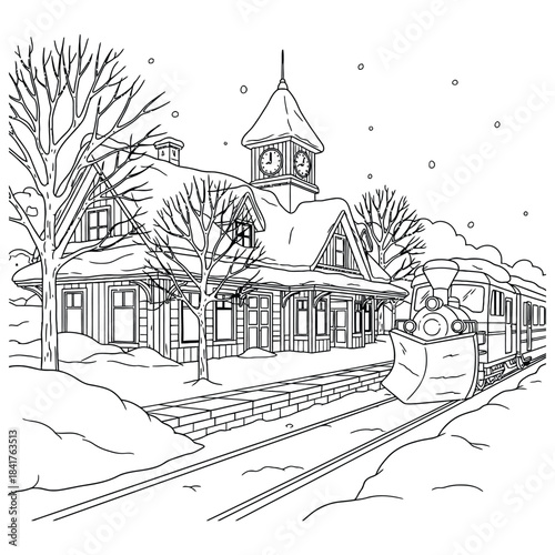 Winter Train Station with Snowy Landscape and Arriving Locomotive – Detailed Line Art Illustration Perfect for Coloring Pages, Holiday Scenes, Travel Themes and Seasonal Graphic Resources