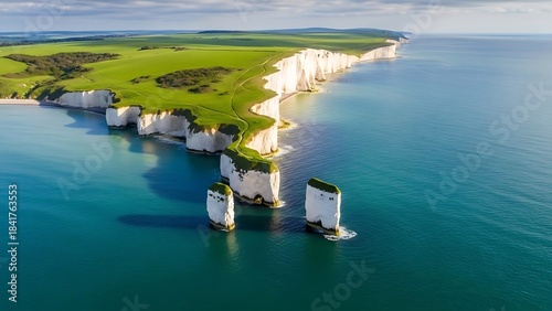 Dramatic aerial view of the white cliffs of dover and the english channel