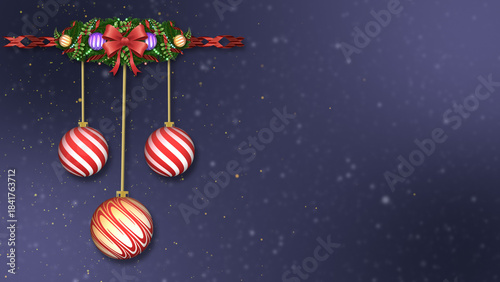 A festive garland spans the top with three dangling balls. Snow particles float against a dark gradient backdrop.
