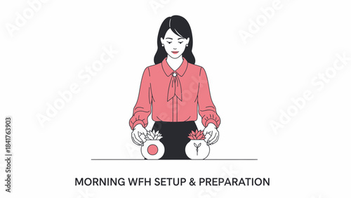 Illustration depicting morning work from home setup with a woman and floral pots