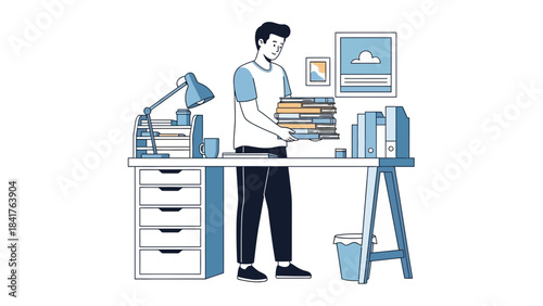 Illustration of a man carrying books at a work desk in an office environment.