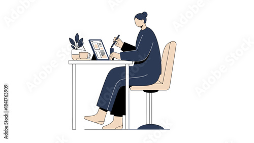 Illustration depicting a person working on a tablet at a desk with a simple aesthetic