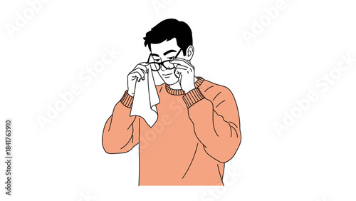 Illustration of a man cleaning his glasses with a cloth on white background
