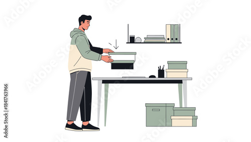 Illustration of a man organizing boxes in an office environment minimalist artwork