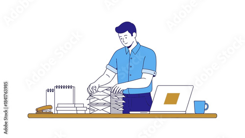 Illustration of a man organizing paperwork at his desk, office work concept vector