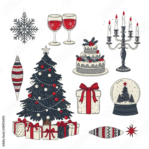 Assortment of Hand Drawn Christmas Decorations and Gifts holiday festive