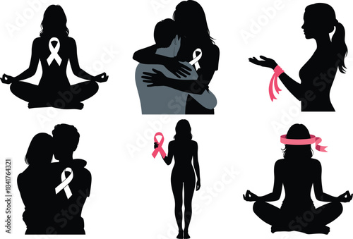 Breast Cancer Awareness Pink Ribbon Silhouette Clipart SVG Design. Hope Ribbon, Support Woman Illustration.