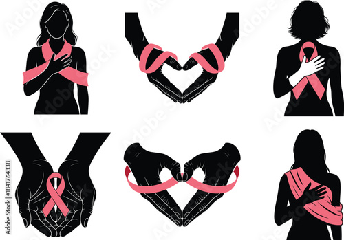 Breast Cancer Awareness Pink Ribbon Silhouette Clipart SVG Design. Hope Ribbon, Support Woman Illustration.
