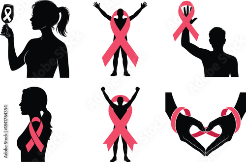 Breast Cancer Awareness Pink Ribbon Silhouette Clipart SVG Design. Hope Ribbon, Support Woman Illustration.