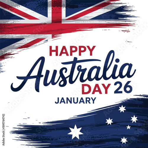 Happy Australia Day 26 January Vector Illustration with Grunge Flags, UK Union Jack and Australian Flag Brush Strokes, Patriotic Holiday Banner Design for Celebration
