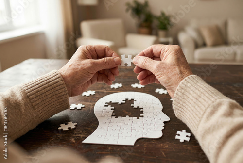 Hands assembling puzzle pieces into a mental health concept on a wooden table