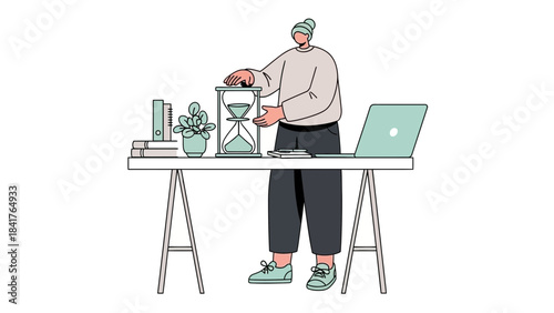 Illustration of a person standing at a desk with an hourglass and laptop