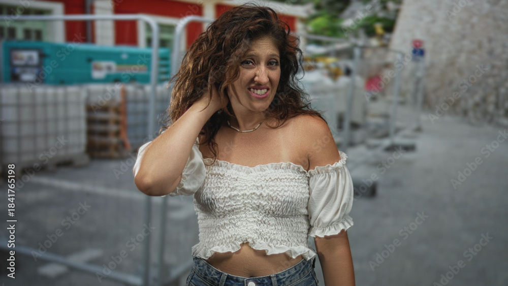 Fototapeta premium Woman with hand behind head showing exposed shoulder and midriff at building site wearing white cropped top and denim jeans; confidence resilience.