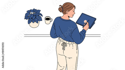 Illustration of a woman creating art on a tablet, with coffee and a plant nearby