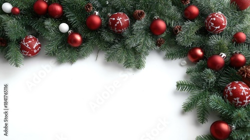 Shiny red ornaments dangle from lush green branches, creating a festive atmosphere perfect for holiday celebrations