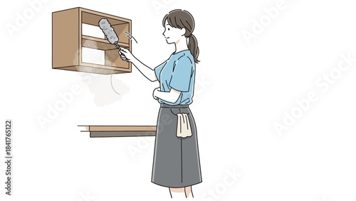 Illustration of a woman dusting a cabinet in a domestic interior environment