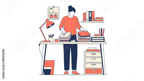 Illustration of a woman organizing documents with desk, books, and office supplies concept