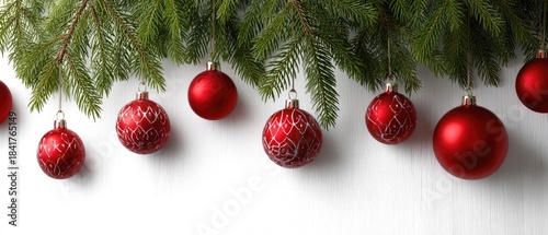 Shiny red ornaments dangle from lush green branches, creating a festive atmosphere perfect for holiday celebrations