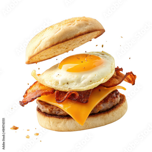 Delicious breakfast sandwich with egg bacon cheese and sausage isolated on transparent background