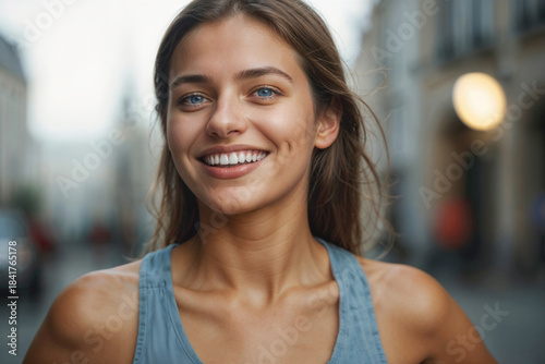 Face of Happy woman with a blue tank top is smiling and looking at the camera,she has a bright, happy expression on her face Free Download Face of Happy woman with a blue tank top is smiling and looking at the camera,she has a bright, happy expression on her face - GFXLoad