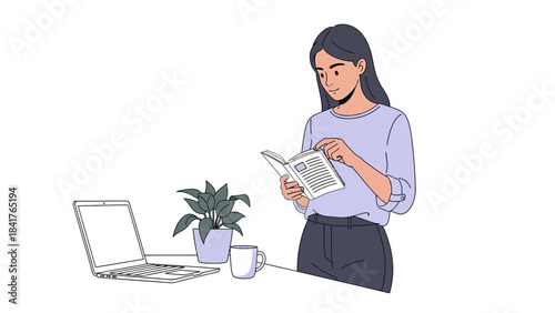 Illustration of a woman reading a book at a desk next to a laptop and a plant