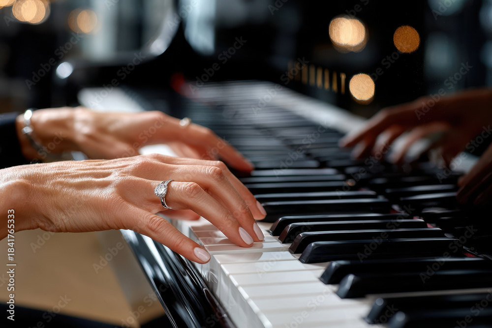 Obraz premium Hands playing piano in a softly lit urban setting during evening hours