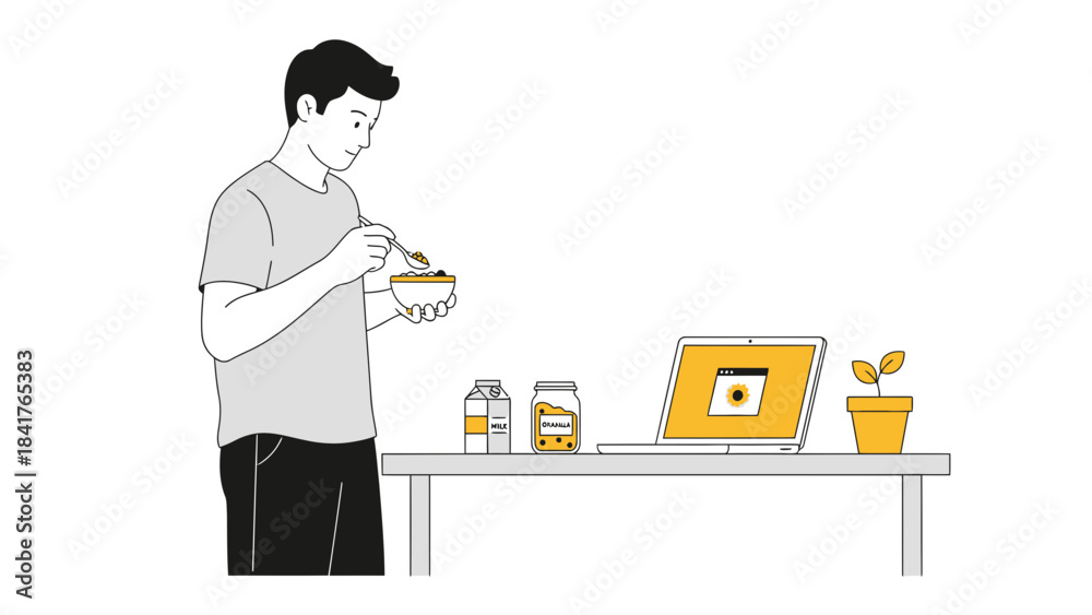 Fototapeta premium Man eating breakfast while working on laptop, concept of remote work or online activity
