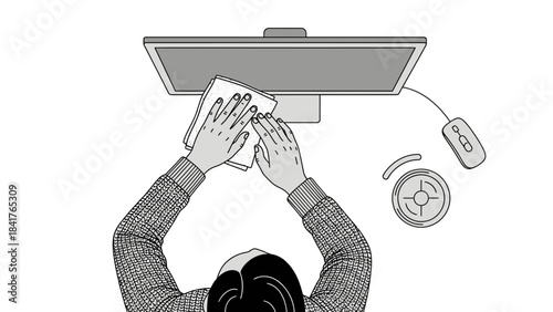 Illustration of Person Cleaning Computer Screen and Peripheral Devices Illustration