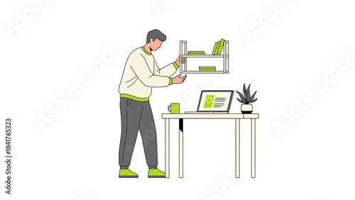 Man assembling a bookshelf in a home office with a laptop, books, and coffee mug