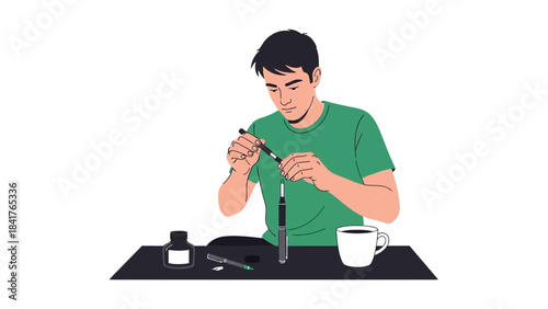 Man assembling a pen and preparing to write with a cup of coffee illustration