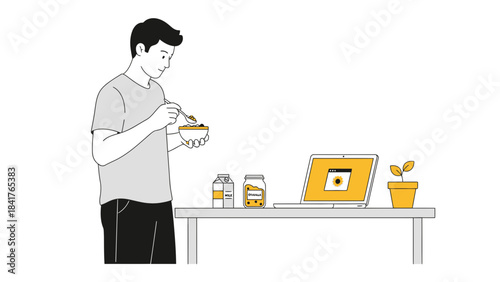 Man eating breakfast while working on laptop, concept of remote work or online activity