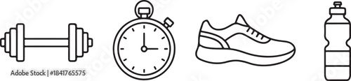 Collection of Fitness Icons Including Dumbbell Stopwatch Running Shoe and Water Bottle Keywords: fitness, workout, exercise, sport, health