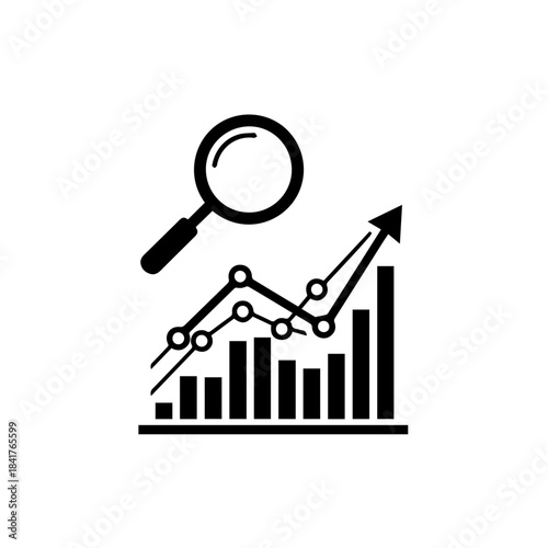 Magnifying glass over a financial bar chart icon symbolizing business growth, data analysis, and market success