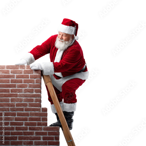 Santa Claus climbing a brick chimney using a wooden ladder isolated die-cut