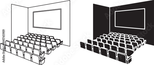 Empty Cinema Auditorium with Rows of Seats and Screen in Line Art and Silhouette movie theater