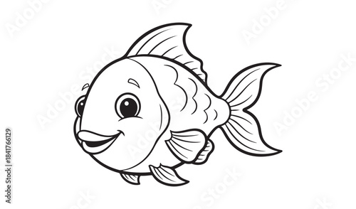 Simple black and white cartoon fish illustration isolated on