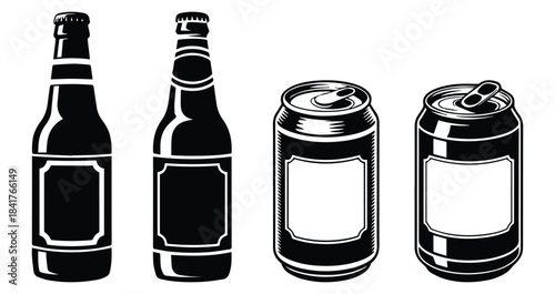 Beer bottles, Aluminum beverage can, traditional beer bottles, Beer bottles silhouette, Beer Cans, elements for logo, label, emblem, sign, badge. Vector illustration
