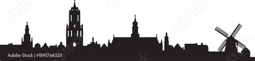 Leiden with Netherlands Skyline Silhouette. design Vector black silhouette