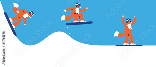 Vector cartoon illustration. Fox with helmet rides snowboard down snow mountain. Phases of jump of snowboarder, performing trick over hill. Tourism. Athlete won at winter extreme sports competition