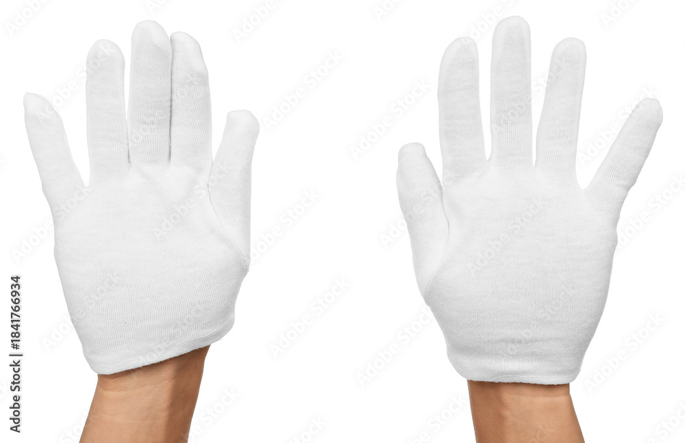 Fototapeta premium Man in cloth gloves on white background