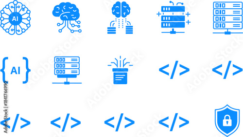 A collection icon of  Artificial intelligence. Such Icons as Ai Architecture, Brain, Robotics, Machine Learning, Ai Technology, Algorithm and more.
