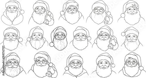 Minimalist outline santa claus drawing for holiday coloring. Vector hand-drawn doodle illustration