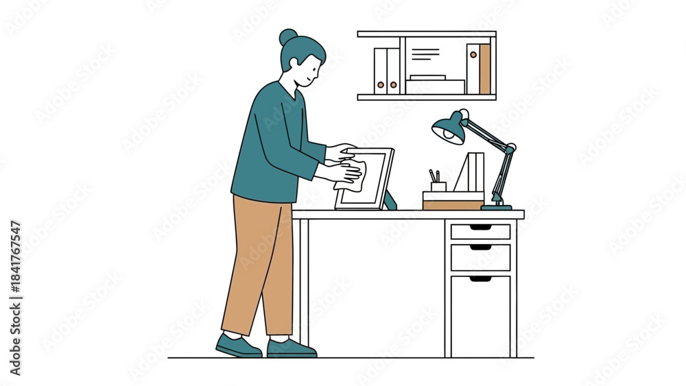 Fototapeta premium Minimalist illustration of a person cleaning a desk with a lamp, shelf and drawers