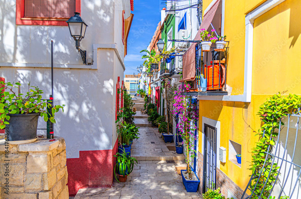 Obraz premium Alicante old town Barrio de Santa Cruz neighborhood with narrow street, typical white houses, Barri Vell Santa Creu Alacant, Casco Antiguo Santa Cruz quarter in Alicante city historic centre, Spain