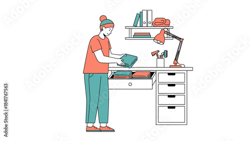Minimalist illustration of a person organizing items at a desk in a tidy room